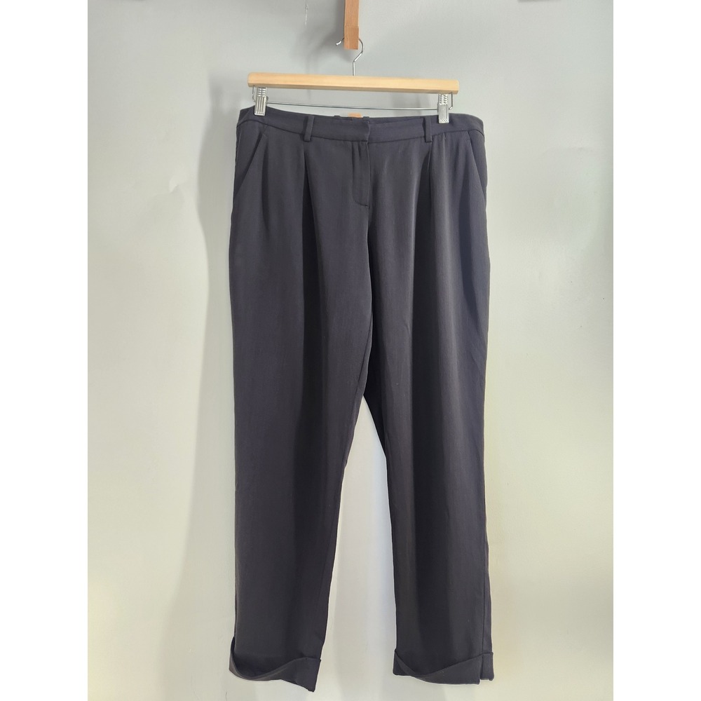 Theory Dress Pants Women 12 Black Wool Silk Pleated Trousers Cuffed Minimalist